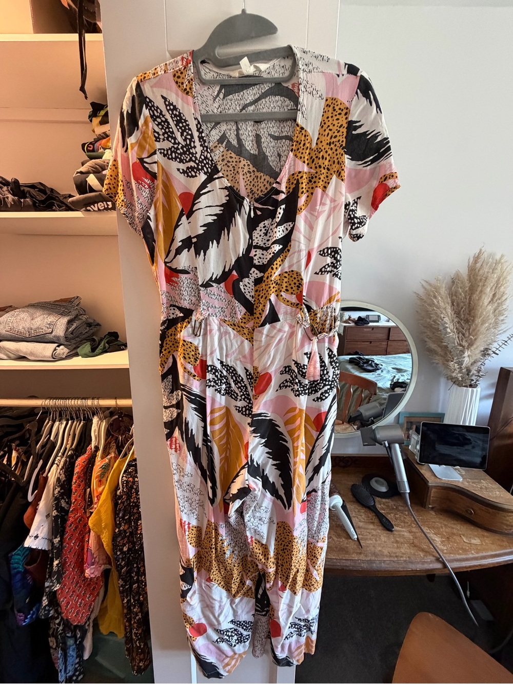 V-Neck Short Sleeve Jumpsuit in Pink & Mustard Tropical Print